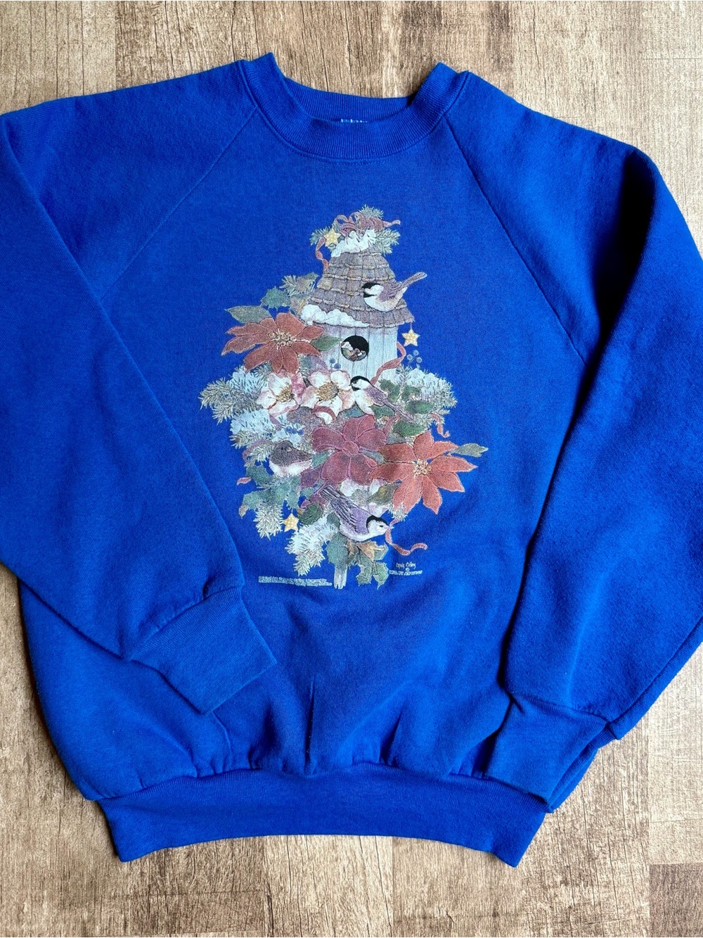 Vintage Royal Blue Sweatshirt Winter Birdhouse Poinsettia Graphic